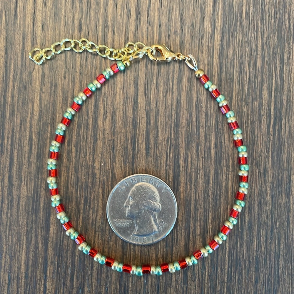 HAND CRAFTED BRACELET Red Green Gold Dainty Holiday Bracelet - Picture 3 of 9